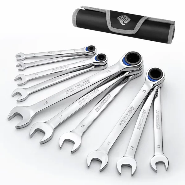 IRONCUBE 10 Piece New Type Metric Ratcheting Wrench Set With Rolling Pouch
