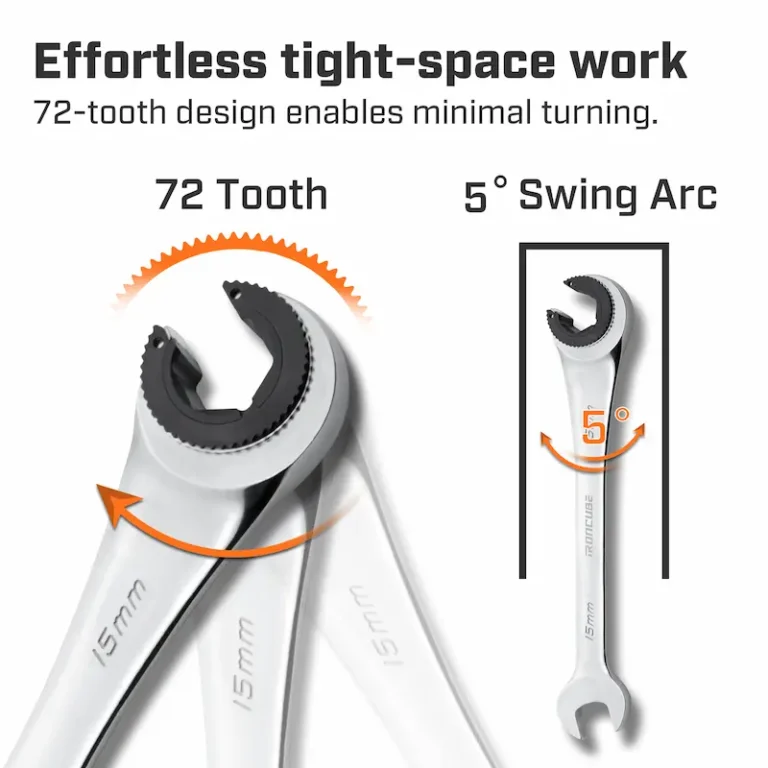 brake line ratcheting wrenches feature 72-tooth precision mechanisms requiring only 5° of swing for operation