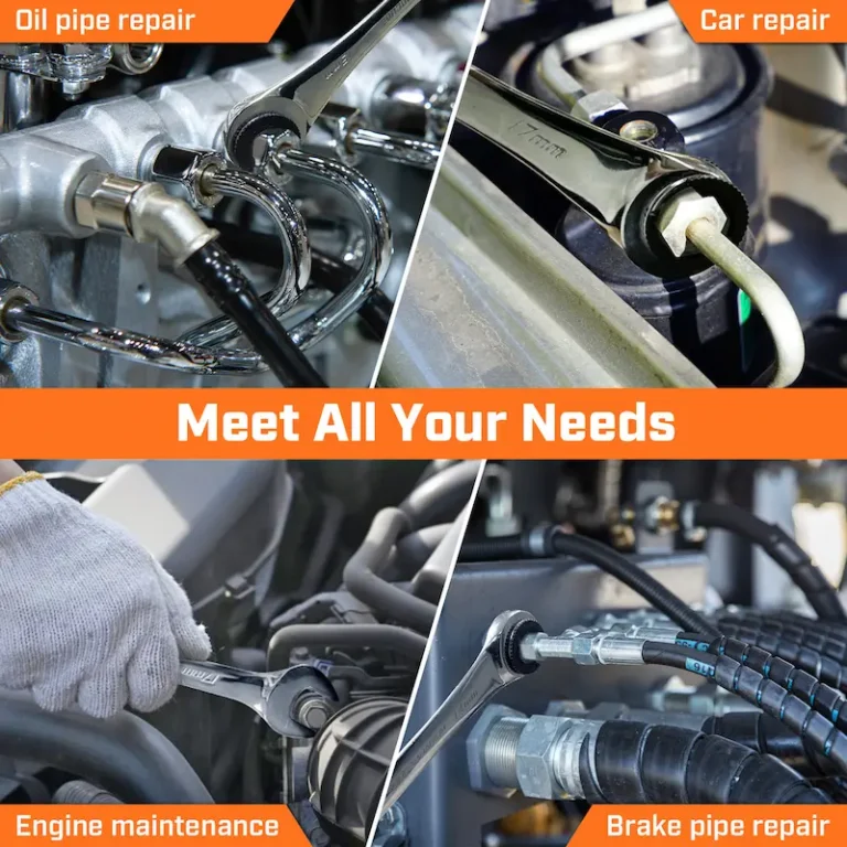 Professional mechanic using ratcheting flare nut wrench on automotive brake line service
