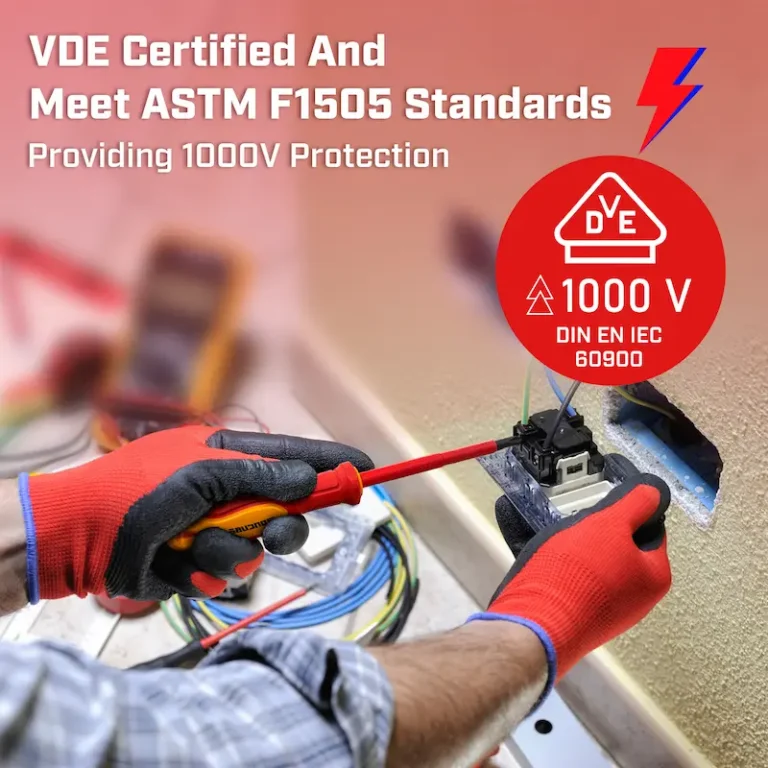 Professional electrician safely using VDE insulated screwdrivers on electrical panel