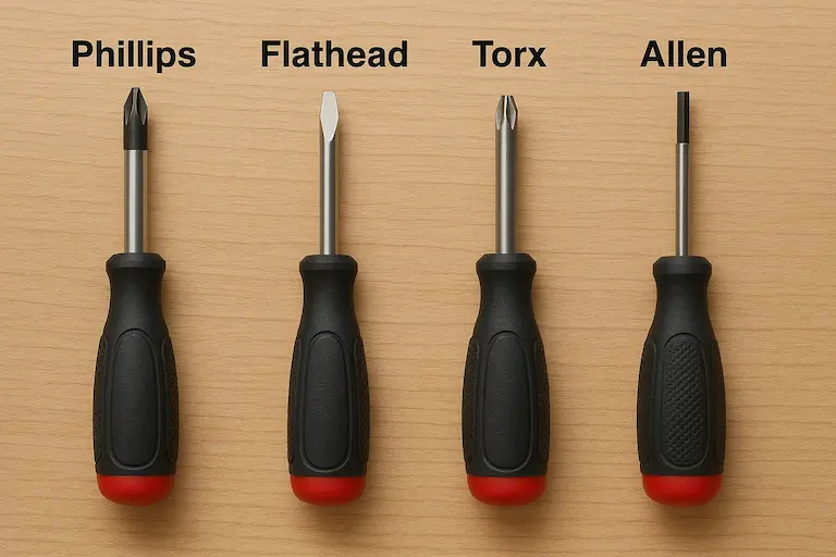 Different types of screwdrivers - Phillips, flathead, Torx, and Allen