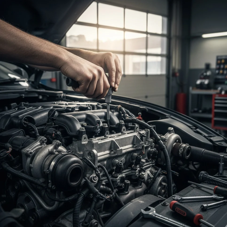 Mechanic using metric screwdriver bits on actual automotive components in workshop