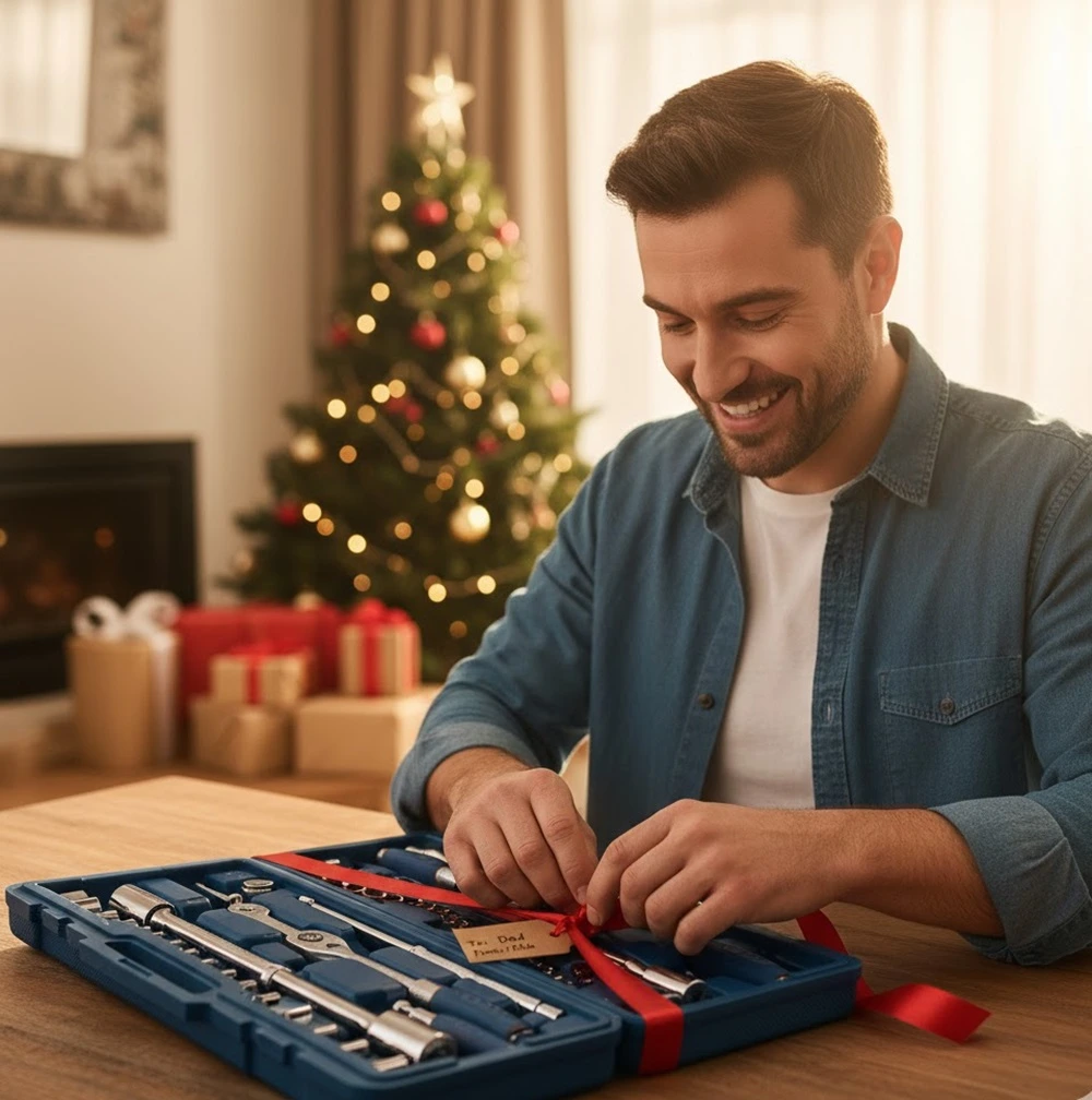 Man Opening Tool Set Gift with Genuine Appreciation